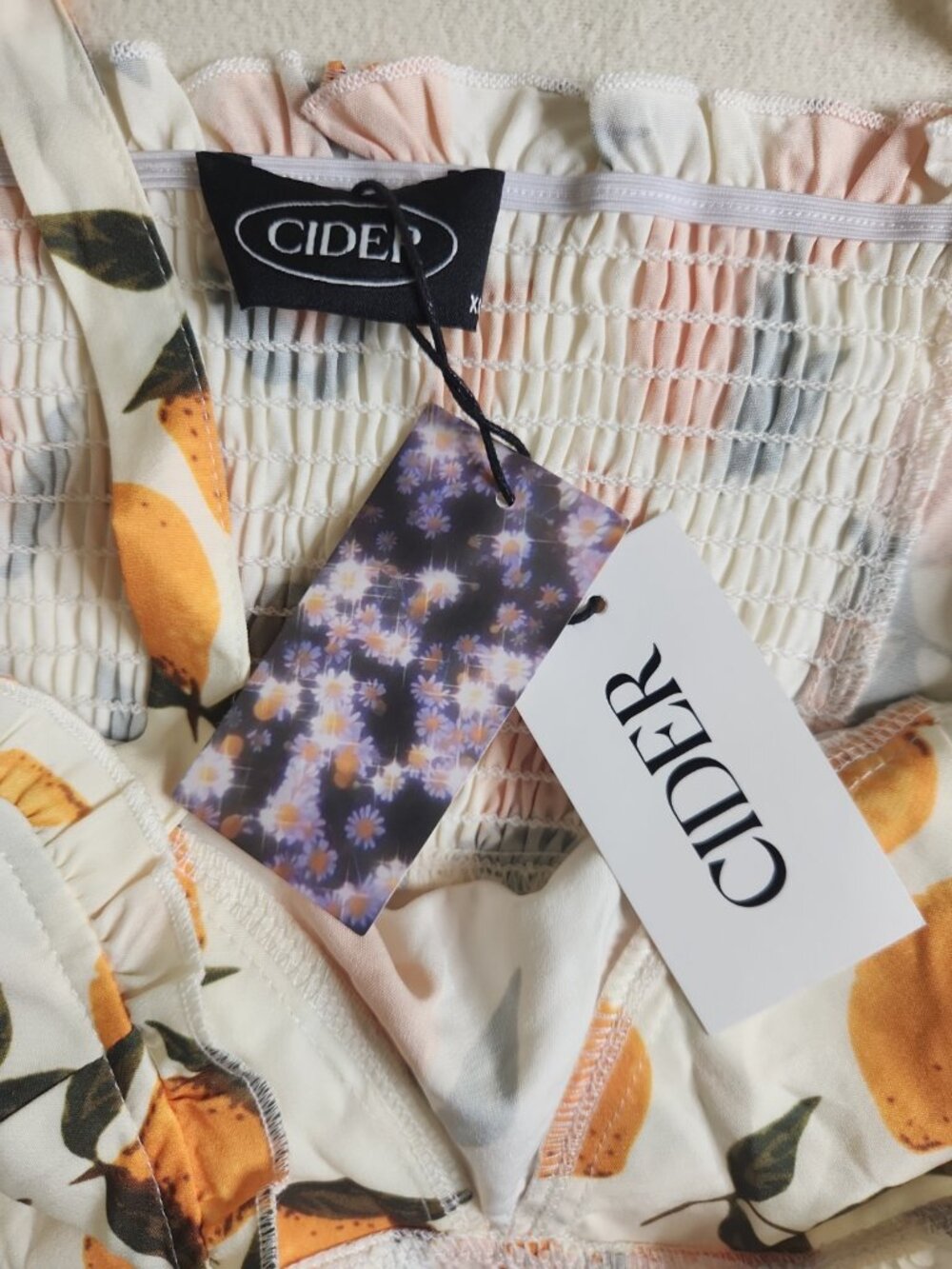 CIDER Lemon Print Ruffle Hem Tie Shoulder Mini Dress XL NWT Smocked Back - Picture 3 of 8
